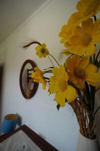 a vase filled with yellow flowers in front of a mirror at Casa de campo em Riachos in Riachos