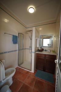 a bathroom with a shower and a toilet and a sink at Casa de campo em Riachos in Riachos