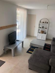 a living room with a couch and a tv at Idéalement placée in Santec