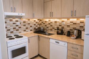 a kitchen with a white stove and a sink at Kalinovi Apartments in Gevgelija
