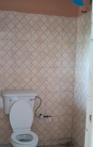 a bathroom with a toilet and a tiled wall at WF&DGS Care LODGE in Owerri