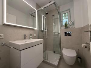 a bathroom with a sink and a shower and a toilet at Käpt'n Gordon, App 2 in Wenningstedt