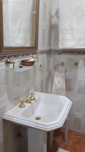 een badkamer met een witte wastafel en een spiegel bij Pousada Porto Aventuras in Eldorado do Sul 