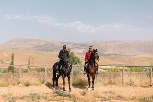 two men riding on horses in a field at Kasbah Beldi in Lalla Takerkoust