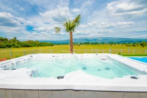 a hot tub with a palm tree in the background at Vacation apartments Mario with salt water pool in Turjaci