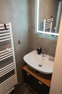a bathroom with a white sink and a mirror at Goslar LIVING 1 - Modern & Zentral in Goslar +19 photos