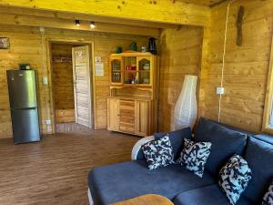 a living room with a blue couch in a cabin at Chatki Bies-Czadowe-Bies in Berezka