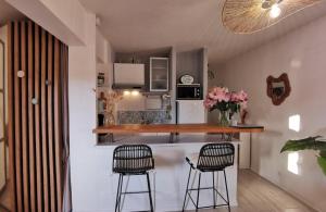 a kitchen with two stools and a counter in a room at Le Studio Fouesnantais in Fouesnant