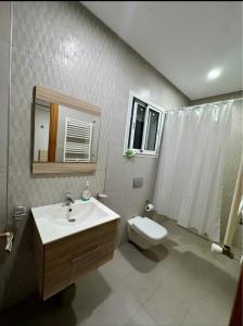 a bathroom with a sink and a toilet and a mirror at Mina appartement in Ariana
