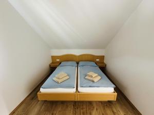 a small bedroom with two beds with blue sheets at Ferienhaus Ma-inz in Stadl an der Mur