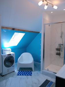 a bathroom with a shower and a washing machine at L'entre-potes in Sully-sur-Loire