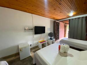 a bedroom with a bed and a flat screen tv at Pousada Serra Morena in Serra do Cipo