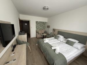 a bedroom with a large bed and a flat screen tv at Apartman Hotel in Bük