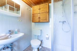 a bathroom with a toilet and a sink and a shower at Haus Ottomar in Wieck +19 photos