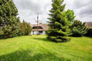 a house with a windmill in a yard with trees at Haus Ottomar in Wieck