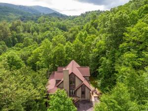 an aerial view of a house in the middle of a forest at Headwaters Hideaway in Elk Park