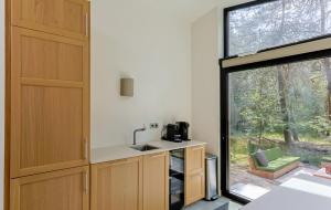 a kitchen with a sink and a large window at De Rode Vos - Enjoyment in the forest in Giethmen