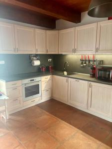 a kitchen with white cabinets and a stove top oven at Králíkárna in Králíky