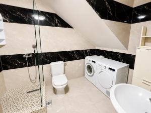 a bathroom with a toilet a sink and a washing machine at Monetegro Seaside in Rafailovici