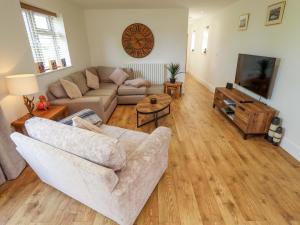 a living room with a couch and a tv at The New Build in Louth