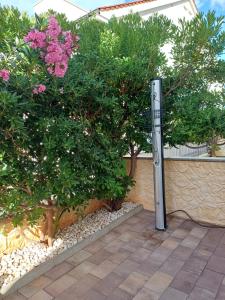 a metal pole next to a bush with pink flowers at Apartment BruVana in Povljana