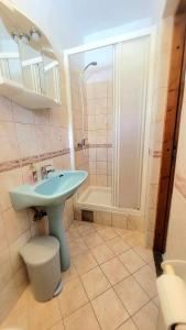 a bathroom with a blue sink and a shower at Room Rosa in Senj