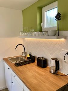 a kitchen counter with a sink and a keyboard at Kisbirs Vendégház in Tokaj +23 photos