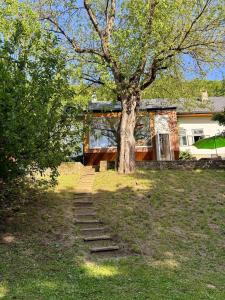 a tree with steps in front of a house at Gallery loft Myjava Hrachoviste in Hrachovište