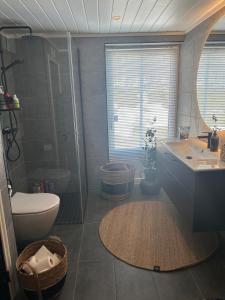 a bathroom with a shower and a sink and a toilet at VillaElvesus in Vossevangen +21 photos