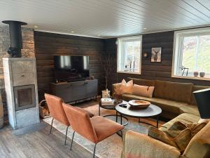 a living room with a couch and a fireplace at VillaElvesus in Vossevangen