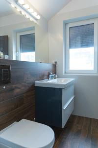 a bathroom with a sink and a toilet and a mirror at Apartamenty Nad Potoczkiem in Ustroń
