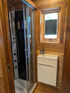 a small bathroom with a shower and a sink at Tinyhouse Sabrina in Papenburg