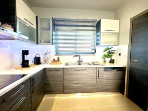 a kitchen with a sink and a window at Theros Lux Apartment in Émbonas +55 photos