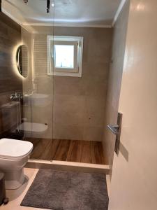 a bathroom with a toilet and a shower with a window at Gabriel's House Angonas in Angón +36 photos