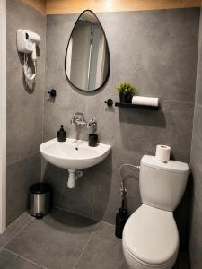 a bathroom with a toilet and a sink and a mirror at Strefa Czasu Skorzęcin in Skorzęcin