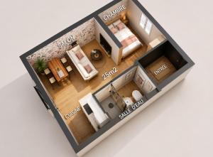 a rendering of a floor plan of a house at MRODBNB - Appart Neuf - Aperçu Mer - 25m Plage & Resto - Ciné - cheminée - Popcorn in Cancale