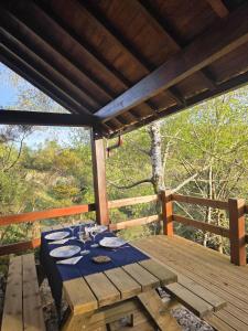 a picnic table on a deck with a view of the forest at Aveleira EcoCasa in Melgaço
