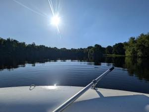 a boat on a lake with the sun in the sky at Tinyhouse Nelson in Papenburg