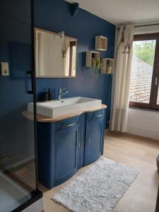 a blue bathroom with a sink and a mirror at Sur l'Oneux in Hotton