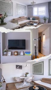 two pictures of a living room with a tv at Apartman Centar in Teslić