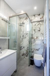 a bathroom with a shower and a toilet and a sink at Villa Olia with private pool in Pefkochori