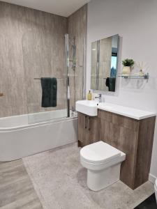 a bathroom with a toilet and a sink and a shower at FERRY HOUSE stranraer in Stranraer
