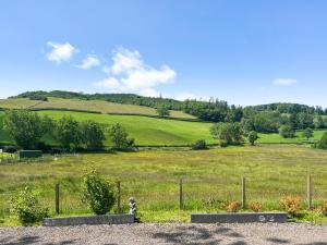 a field with a fire hydrant in the foreground at Ridge View Lodge - Uk49924 in Dumfries
