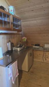 a kitchen with wooden walls and a counter top at Vinds Våningen in Uddevalla