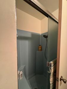 a shower with a glass door in a bathroom at Home near the redwoods in Fort Bragg +22 photos