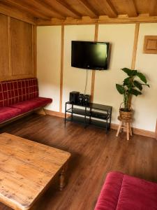 a living room with a couch and a tv on the wall at Demlhof, Gästehaus in Finkenberg