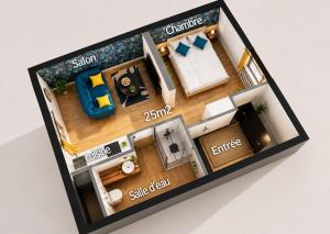 a model of a small apartment with a floor plan at MRODBNB - Appart Neuf - Vue Mer - 25m Plage & Resto - Ciné - cheminée - Popcorn in Cancale