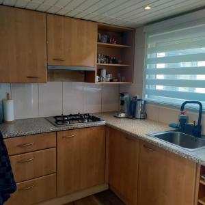 a kitchen with wooden cabinets and a sink and a window at Chalet midden in de natuur! in Anloo