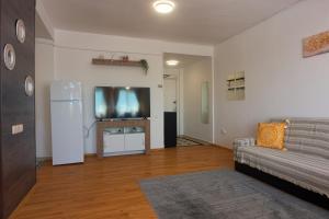 a living room with a couch and a flat screen tv at Old Town Smârdan Apartment - Central Lively Area in Bucharest