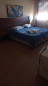 a bedroom with a bed with blue sheets and a window at Cyro Palace Hotel Ltda in Caçapava do Sul
